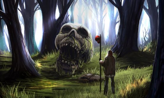Обои на рабочий стол Hombre observando un crГЎneo en el bosque / Человек смотрит на огромный череп в лесу