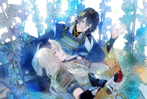 Обои на рабочий стол Munechika Mikazuki и Kogitsumaru отдыхают в цветочных зарослях из игры Touken Ranbu