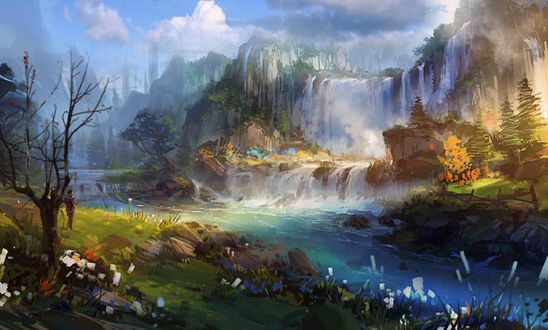 Обои на рабочий стол Водопад в горах, Фэнтази Падение, цифровое искусство