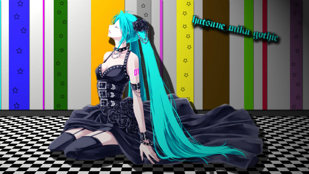 Обои для рабочего стола Vocaloid Hatsune Miku / Вокалоид Хатсуне Мику в черном платье сидит на шахматном полу (Hatsune Miku gothic)