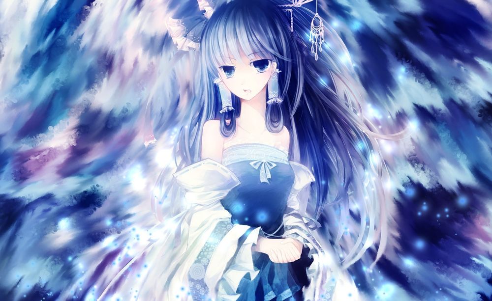 Обои для рабочего стола Reimu Hakurei / Рейму Хакурей на голубом фоне из игры Проект Восток / Touhou Project, art by Roberto Miak
