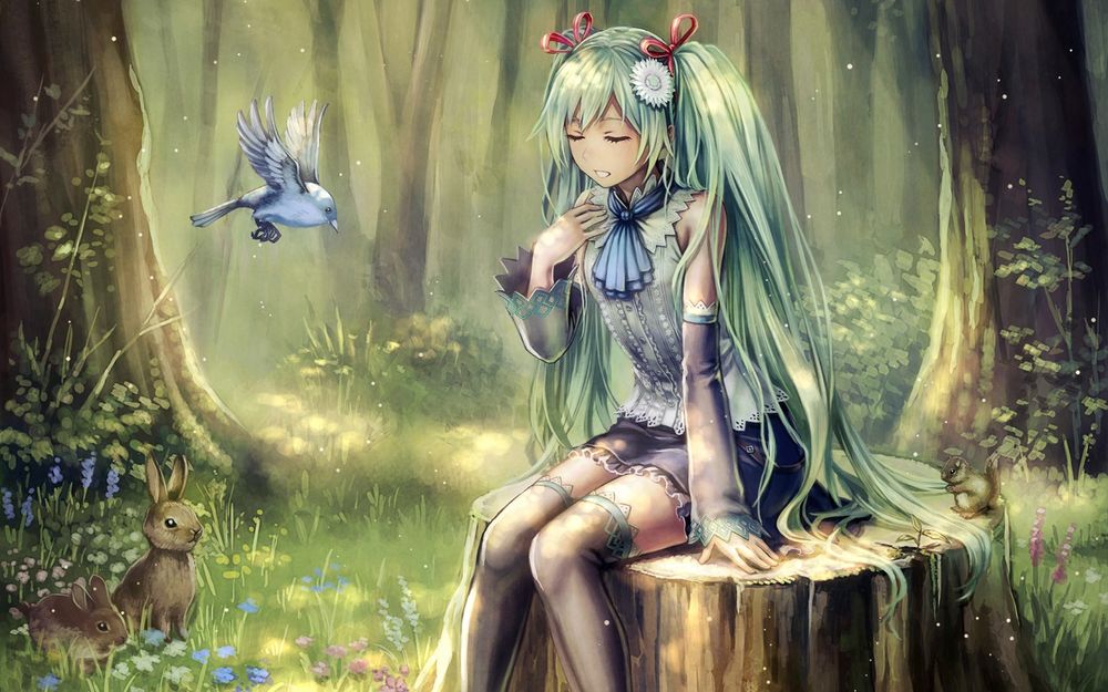 Обои для рабочего стола Vocaloid Hatsune Miku / Вокалоид Хатсуне Мику в дремучем лесу