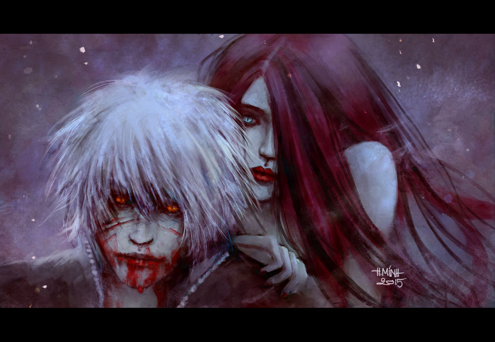 Обои для рабочего стола Девушка и парень с окровавленным лицом, art by NanFe