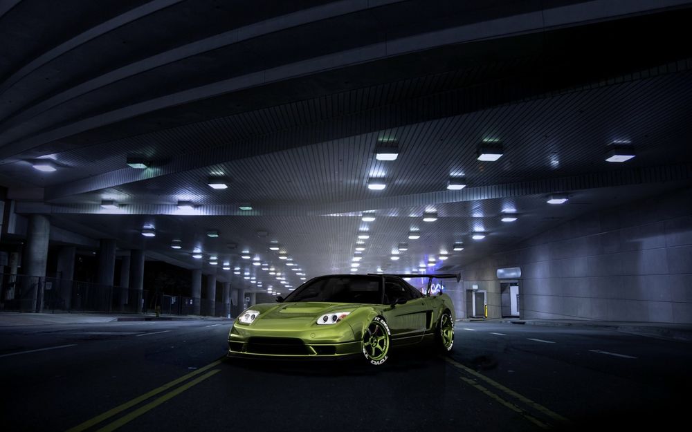 Обои для рабочего стола Honda Acura NSX под ночной эстакадой