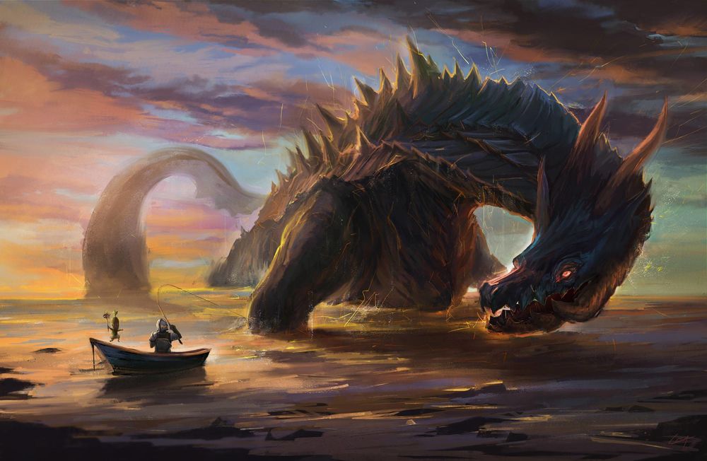 Обои для рабочего стола Рыцарь в лодке укрощает дракона, фэнтези арт из видеоигры Monster Hunter, by Lisa Nguyen