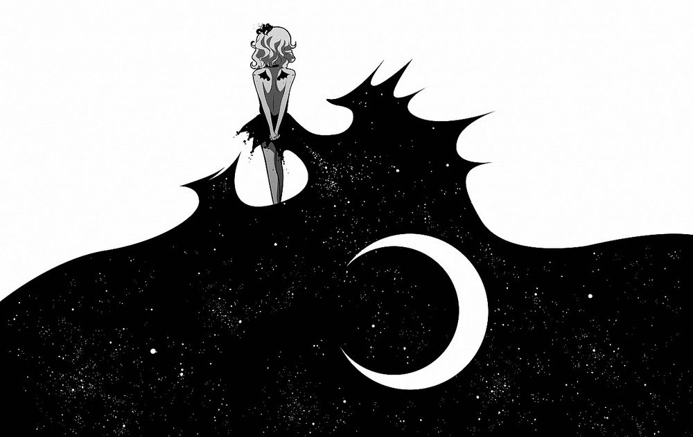 Обои для рабочего стола Векторная графика из аниме Фаза Луны / Moon Phase, девушка в платье в виде ночного звездного неба с Луной