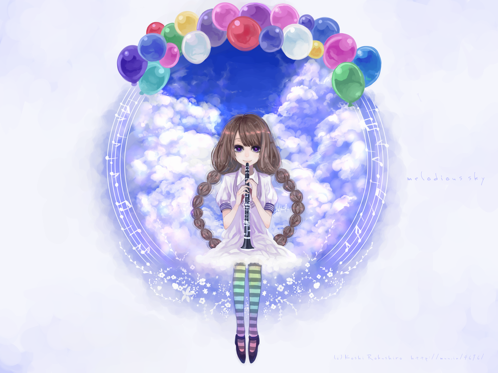Обои для рабочего стола Девушка с заплетенными в две косички длинными русыми волосами и фиолетовыми глазами держит в руках флейту, сидя на фоне облаков в круге из нот с цветами и воздушными шариками (melodious sky / певучее небо) by Koshi Rokushiro