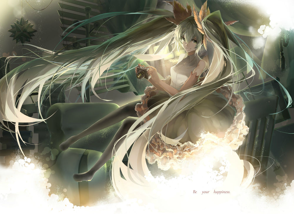 Обои для рабочего стола Vocaloid Hatsune Miku / Вокалоид Хатсуне Мику с фотоаппаратом, art by Saihate