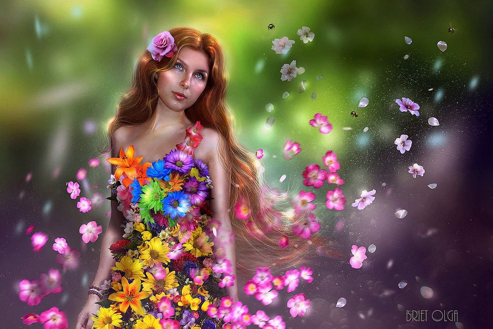 Обои для рабочего стола Девушка в платье из цветов, by brietolga