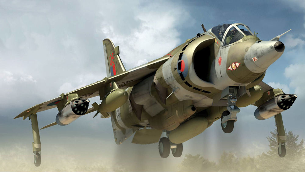 Обои для рабочего стола Самолет вертикального взлета / посадки Hawker Siddeley РЫ-1127 Harrier Британских ВВС взлетает на штурмовку с подвешенным вооружением