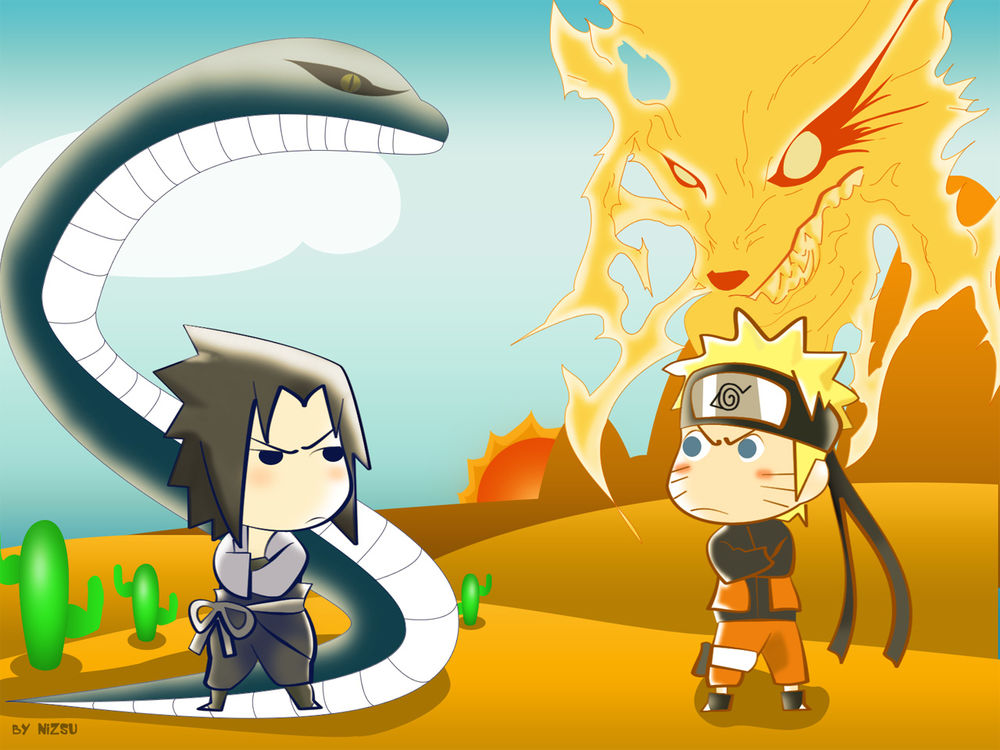 Обои для рабочего стола Sasuke Uchiha и Наруто Узумаки / Naruto Uzumaki выясняют отношения из аниме Наруто / Naruto