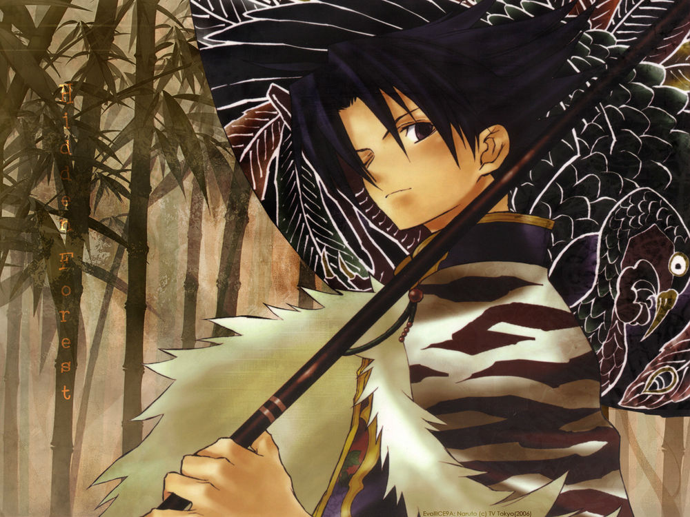 Обои для рабочего стола Sasuke Uchiha стоит с зонтом в бамбуковом лесу из аниме Наруто / Naruto
