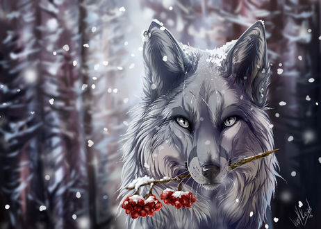 Обои на рабочий стол Волк с веточкой рябины в пасти, by WolfRoad