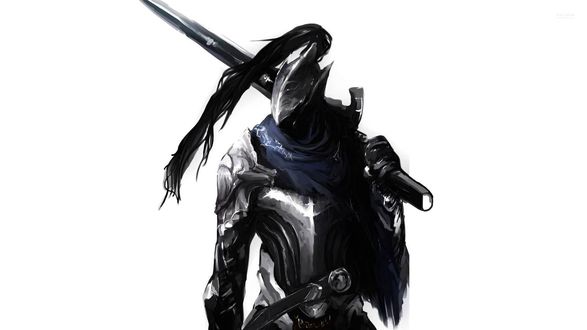 Обои на рабочий стол Artorias / Арториас путник Бездны с мечем на белом фоне, игра Dark Souls / Темные души