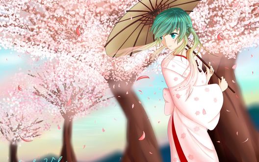 Обои на рабочий стол Vocaloid Hatsune Miku / Вокалоид Хатсуне Мику с зонтом в руках стоит под цветущим деревом сакуры