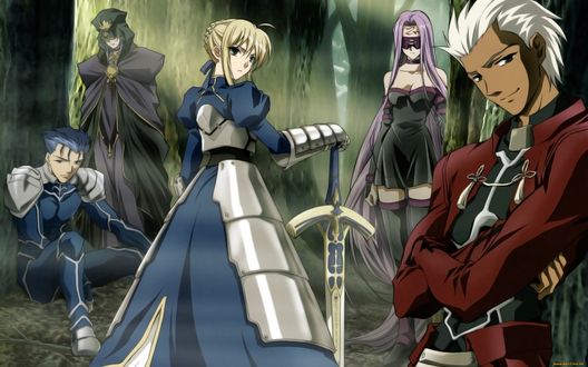 Обои на рабочий стол Лансер, Кастер, Сейбер, Райдер, Арчер герои из аниме Fate / stay night / Судьба / Ночь схватки