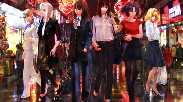 Обои на рабочий стол Ночной шоппинг персонажей вселенной Type-Moon: Сэйбер / Saber из новеллы и аниме Fate / stay night, Ирисфиль фон Айнцберн / Айрисвиль / Ирисвиль / Irisviel von Einzbern / Айри / Iri из аниме Судьба: начало / Fate / Zero, Аяка Садзе / Sajou Ayaka из аниме Fate / Prototype, Аоко Аозаки / Aozaki Aoko из новеллы Mahou Tsukai no Yoru и игры Melty Blood, Шики Реги / Ryougi Shiki из аниме и манги Граница Пустоты: Сад Грешников / Kara no Kyoukai: The Garden of Sinners и Арквейд Брюнстад / Arcueid Brunestud из новел