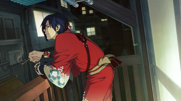 Обои на рабочий стол Koujaku с Ren стоит на балконе и курит сигарету, аниме DRAMAtical murder / Драматическое убийство, art by Hoyarara