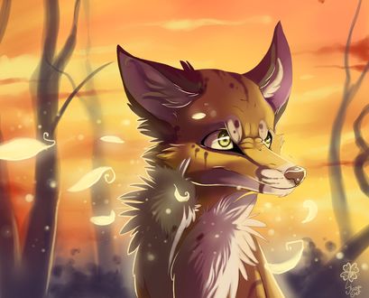 Обои на рабочий стол Лиса на фоне деревьев, by katzucat
