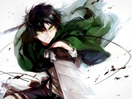 Обои на рабочий стол Атака Титана / Attack on Titan / Shingeki no Kyojin, Eren Yeager в форме разведкорпуса атакует с клинками