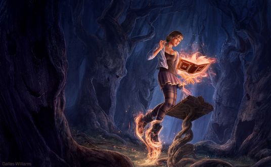 Обои на рабочий стол Девушка в горящих ботинках стоит перед горящей книгой, by Dallas-Williams