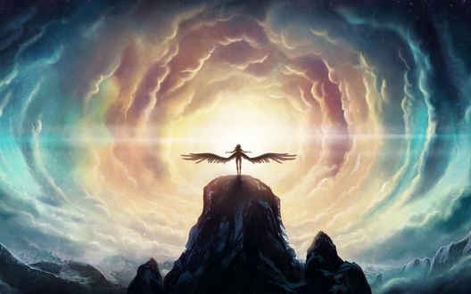Обои на рабочий стол Девушка-ангел стоит на вершине горы, на фоне яркого солнца