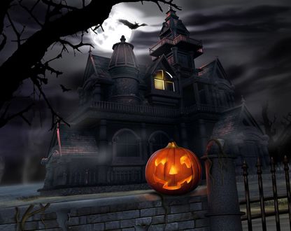 Обои на рабочий стол Праздник Halloween. Светящаяся тыква лежит на кирпичном ограждении, позади которого стоит жуткий, черный дом