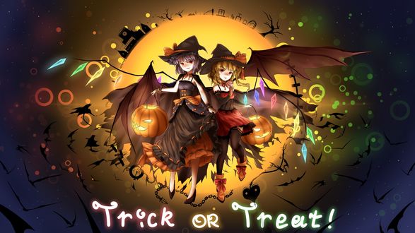 Обои на рабочий стол Remilia Scarlet / Ремилия Скарлет и Flandre Scarlet / Фландре Скарлет одетые как ведьмочки, персонажи из серии компьютерных игр Touhou Project / «Проект «Восток»», art by Minust