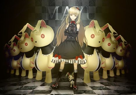 Обои на рабочий стол Vocaloid Mayu / вокалоид Майю стоит на шахматном полу рядом с большими игрушечными зайцами