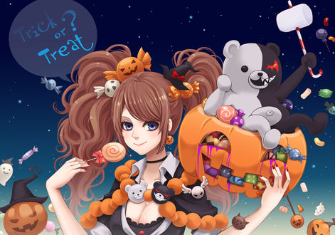 Обои на рабочий стол Junko Enoshima / Джунко Эношима держит в руке тыкву полную конфет на верху которой сидит Monokuma / Монокума, персонажи из аниме Danganronpa / Школа отчаяния, art by lady g