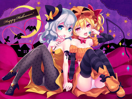 Обои на рабочий стол Koishi Komeiji / Койши Комейдзи и Flandre Scarlet / Фландре Скарлет едят сладости, персонажи из серии компьютерных игр Touhou Project / «Проект «Восток»», art by minamura haruki