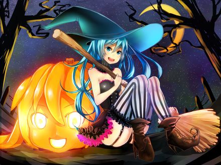 Обои на рабочий стол Vocaloid Hatsune Miku / Вокалоид Хатсунэ Мику в костюме ведьмы держа метлу в руках, сидит прислонившись спиной к большой светящейся тыкве в форме головы, art by asanome (noboes)