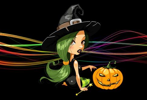 Обои на рабочий стол Ведьмочка с зелеными волосами сидит рядом с тыквой, Happy Halloween