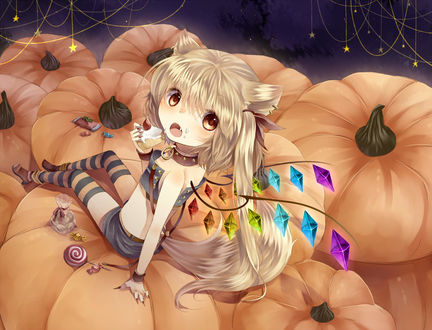 Обои на рабочий стол Flandre Scarlet / Фландре Скарлет сидя на тыквах ест торт, персонаж из серии компьютерных игр Touhou Project / «Проект «Восток»», art by tepes