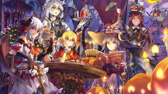 Обои на рабочий стол Девушки персонажи из игры Touhou празднуют Хеллоуин