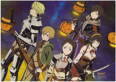 Обои на рабочий стол Персонажи из аниме Durarara! в костюмах для Halloween, art by Akira Takata