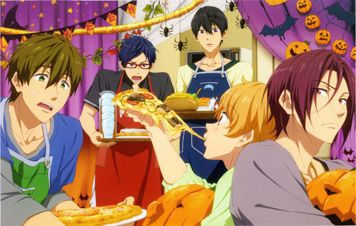 Обои на рабочий стол Haruka, Makoto, Nagisa, Rei и Rin празднуют Halloween, аниме Free! / Свободный стиль, art by Futoshi Nishiya