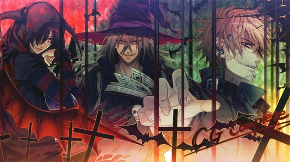 Обои на рабочий стол Shin, Ukyo и Kent в костюмах для Halloween, аниме Amnesia, art by Mai Hanamura