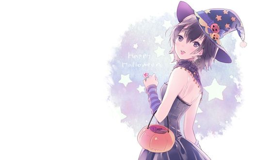 Обои на рабочий стол Happy Halloween / счастливого Хеллоуина, девушка в образе ведьмы с корзинкой сладостей в руках