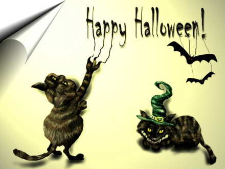 Обои на рабочий стол Мрачные котики нацарапали Happy Halloween, на буквах висят летучие мыши