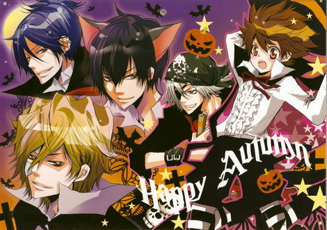 Обои на рабочий стол Гокудера Хаято / Gokudera Hayato, Хибари Кея / Hibari Kyoya, Рокудо Мукуро / Rokudou Mukuro, Dino Cavallone и Савада Цунаеши / Sawada Tsunayoshi из аниме Учитель-мафиози Реборн! / Katekyo Hitman Reborn! (Happy Halloween)