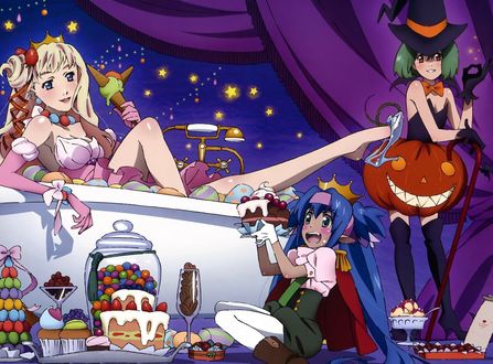 Обои на рабочий стол Klan Klang, Ranka Lee / Ранка Ли и Sheryl Nome / Шерил Номе весело празднуют Halloween, аниме Macross Frontier / Макросс Фронтир