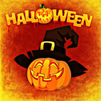 Обои на рабочий стол Тыква в ведьминой шляпе, сверху надпись Halloween / Хеллоуин с тыквой вместо буквы o