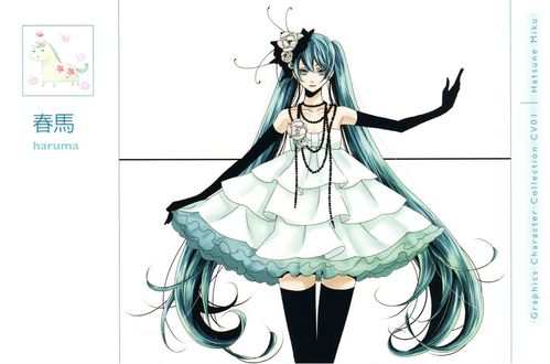 Обои на рабочий стол Vocaloid Hatsune Miku / Вокалоид Хатсунэ Мику в платье с оборками, art by Haruma