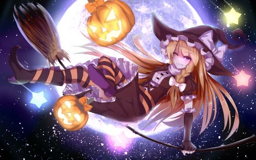 Обои на рабочий стол Kirisame Marisa / Мариса Кирисамэ из Тохо / Touhou project на фоне полной луны летит на метле на Хэллоуин / Halloween