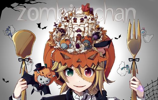 Обои на рабочий стол Vocaloid Kagamine Len&Rin in Halloween / Близнецы Вокалоиды Кагаминэ Лен и Рин, сшитые вместе, в тыквенной шляпе с тортом в виде замка с сидящими вокруг него миниатюрными животными, с большой позолоченной лопаточкой в одной руке и вилкой в другой, на Хэллоуин. Рядом парят большая летучая мышь-вампир во фраке, с моноклем, тыквой и шляпкой-цилиндром на голове, и маленькие привидения (zombie-chan)