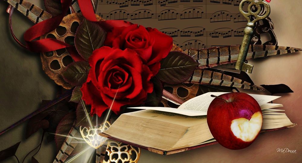 Обои для рабочего стола Красные розы, яблоко с сердечком, ключ и книга
