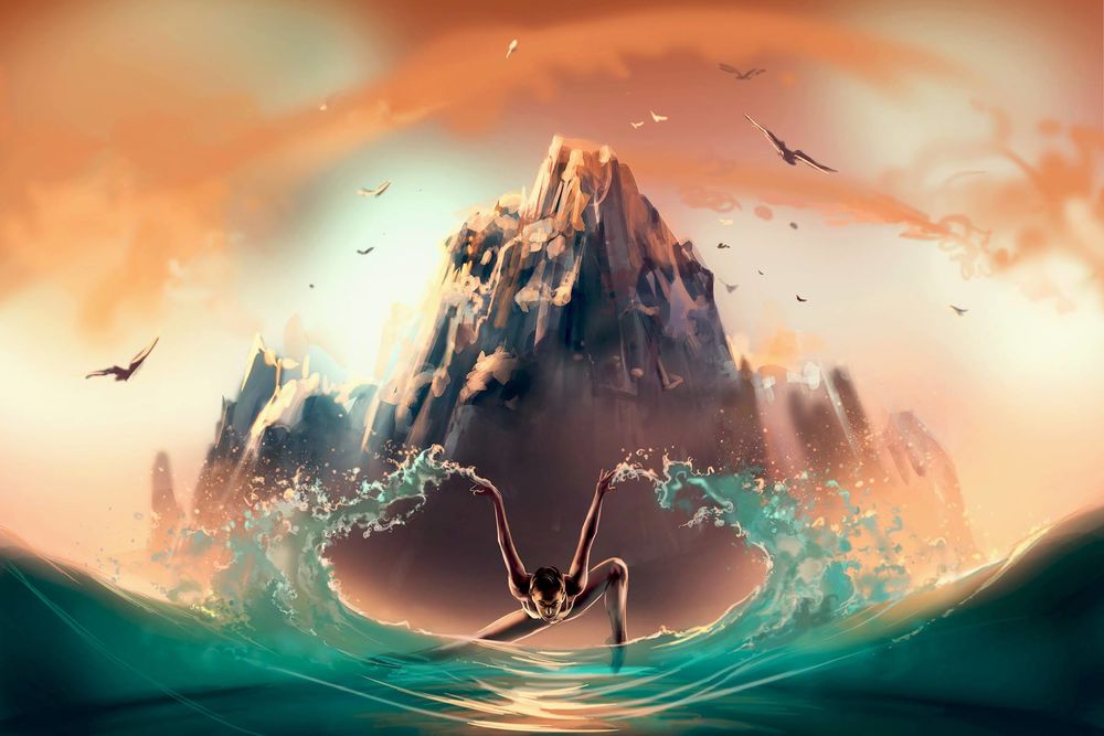 Обои для рабочего стола Парень на воде на фоне горы, ву Cyril ROLANDO