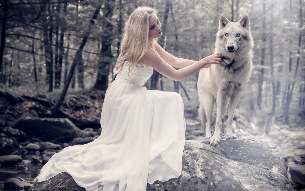 Мультяшный волк с девушкой