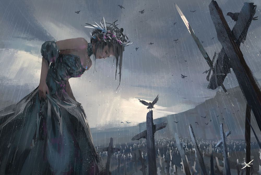 Обои для рабочего стола Эльфийка на кладбище, art by wlop